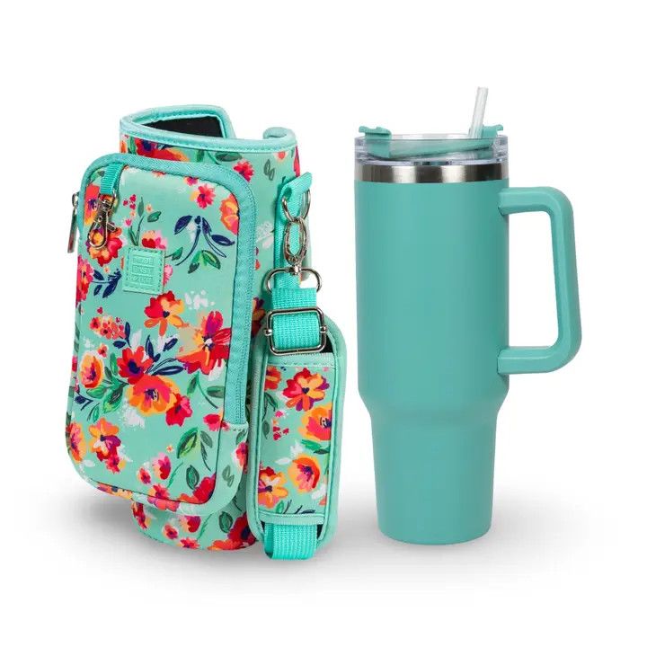 Tumbler &amp; Neoprene Carrier Cell Sized Pocket - Teal Floral
