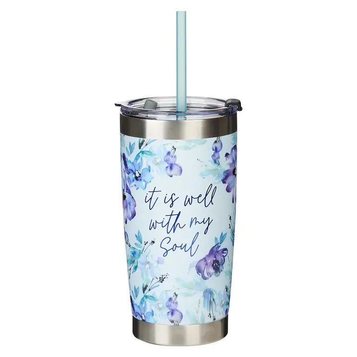 Mug Ss Travel Blue Floral It Is Well with My Soul  18OZ