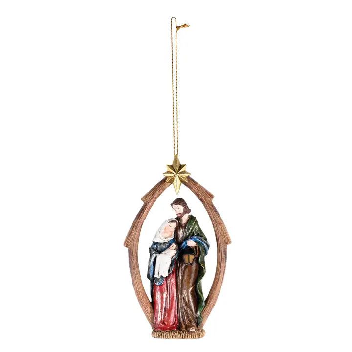 Ornament Red Brown Holy Family Creche 5H