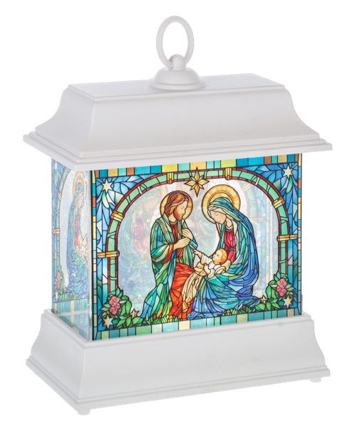 LED Light Up Stained Glass Shimmer Holy Family Scene Lantern