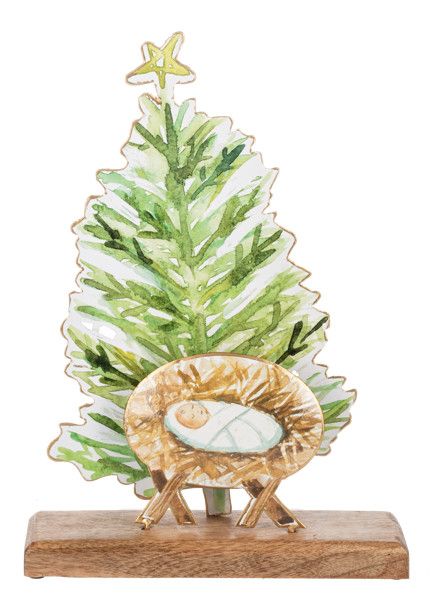Watercolor Manger w/Christmas Tree Figurine