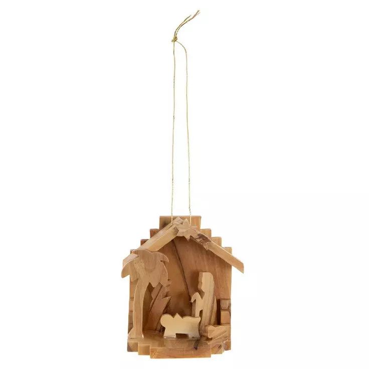 Olive Wood 3D Nativity with Long Base Ornament