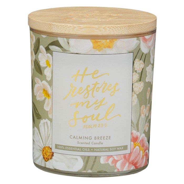 Candle-He Restores My Soul (Psalm 23:3)-Glass w/Bamboo Lid