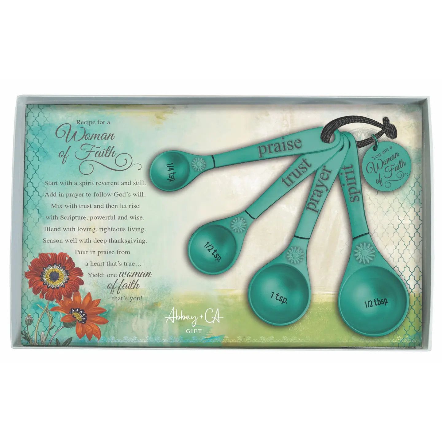 TEAL WOMAN OF FAITH MEASURING SPOON SET OF 4 GIFT BOX