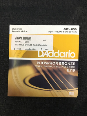 D’Addario Phosphor Bronze Bluegrass .012 - .056 Light Top / Medium Bottom Acoustic Guitar Strings EJ19