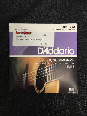 D’Addario - 80/20 Bronze .011 - .052 Custom Light Gauge Acoustic Guitar Strings     EJ13