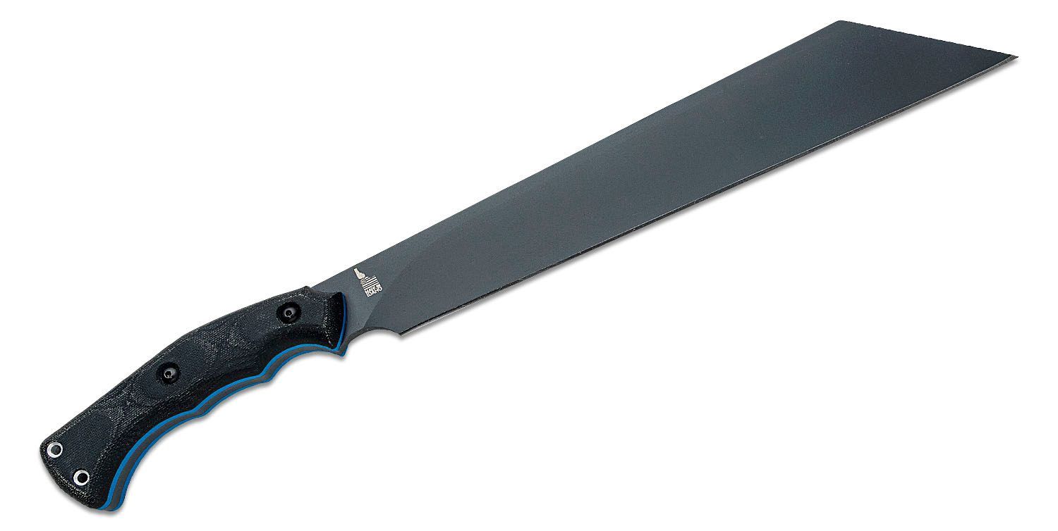 TOPS Knives Storm Vector Seax Knife 12.63&quot; 1095 Sniper Gray Blade Black Canvas Micarta Handles with Blue G10 Liners Black Kydex Sheath