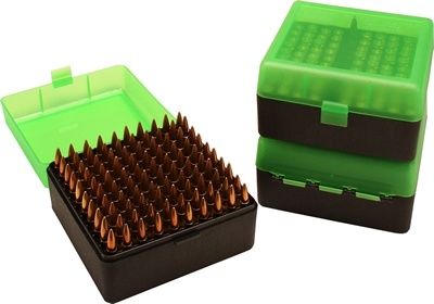 MTM Rifle Ammo Box 100 Round Flip-Top, Capacity: 22-250 243 308 Winchester 220 Swift, Colour: Clear Green