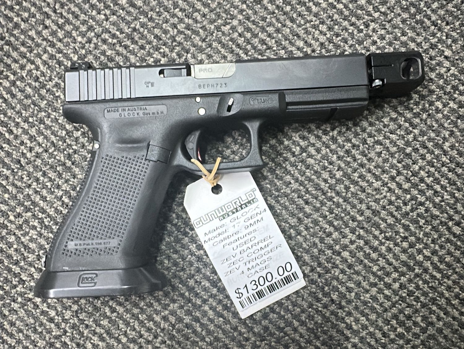 Used Glock 17 Gen4 9MM With Zev Barrel &amp; Comp &amp; Trigger x4 Mags - SN: BEPH723