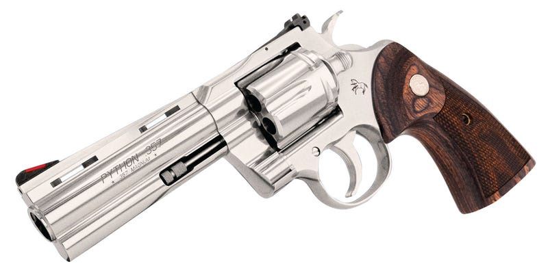 COLT PYTHON STAINLESS FINISH 357 MAG 4.25 INCH BARREL FACTORY CHECKERED TIMBER GRIPS - 6 SHOT