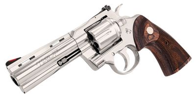 COLT PYTHON STAINLESS FINISH 357 MAG 4.25 INCH BARREL FACTORY CHECKERED TIMBER GRIPS - 6 SHOT