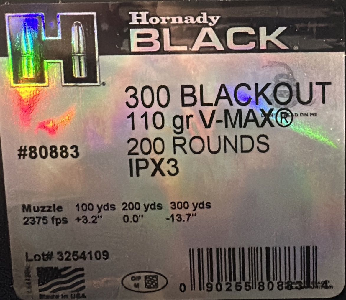 Hornady 300 Blackout 110GR V-MAX 200 SEALED Pack