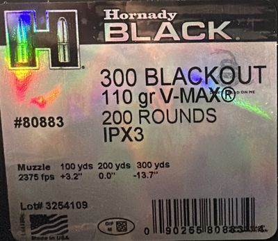Hornady 300 Blackout 110GR V-MAX 200 SEALED Pack
