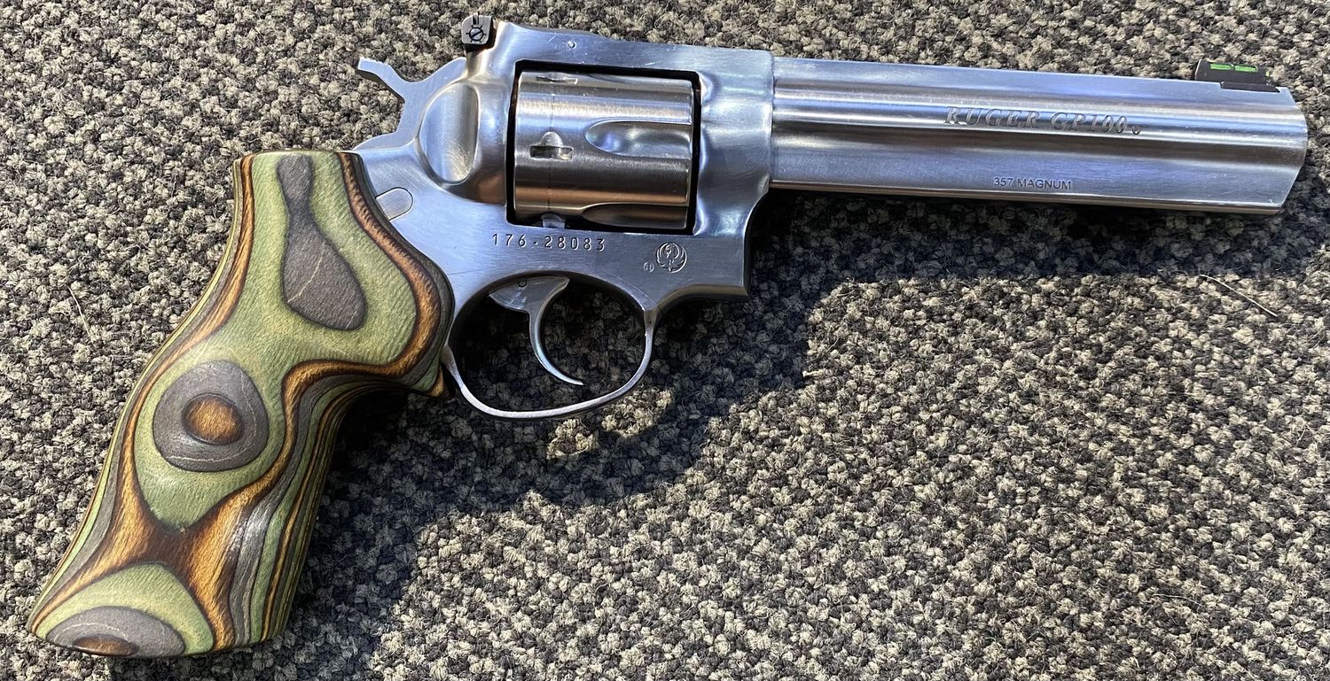 CONSIGNMENT USED RUGER GP100 .357MAG 6RND B/R 150MM REVOLVER W/ GREEN WOOD GRIP SN: 176-28083