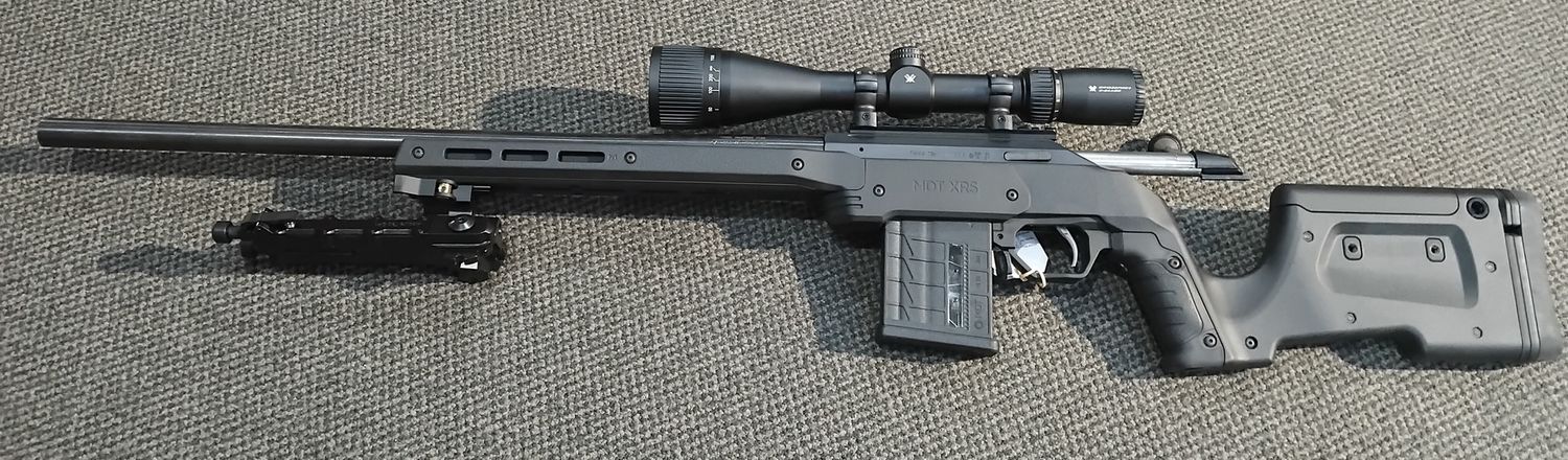USED CONSIGNMENT TIKKA T3X .308WIN WITH MDT XRS CHASIS, VORTEX CROSSFIRE 2 6-24X50 RIFLE SCOPE AND BIPOD