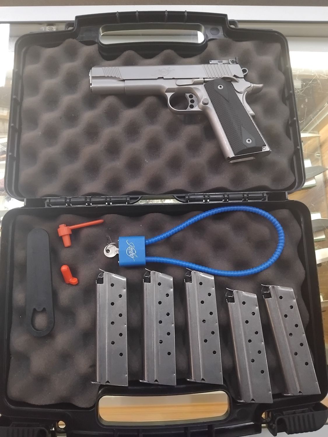 USED KIMBER 1911 9MM STAINLESS TARGET 2 CASED 5 MAGS SN:KF14867