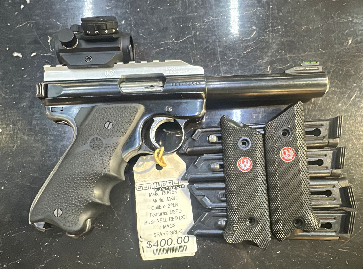 Used Ruger MKII Target .22LR With Bushnell Red dot &amp; 4 Mags - SN: 221-31543