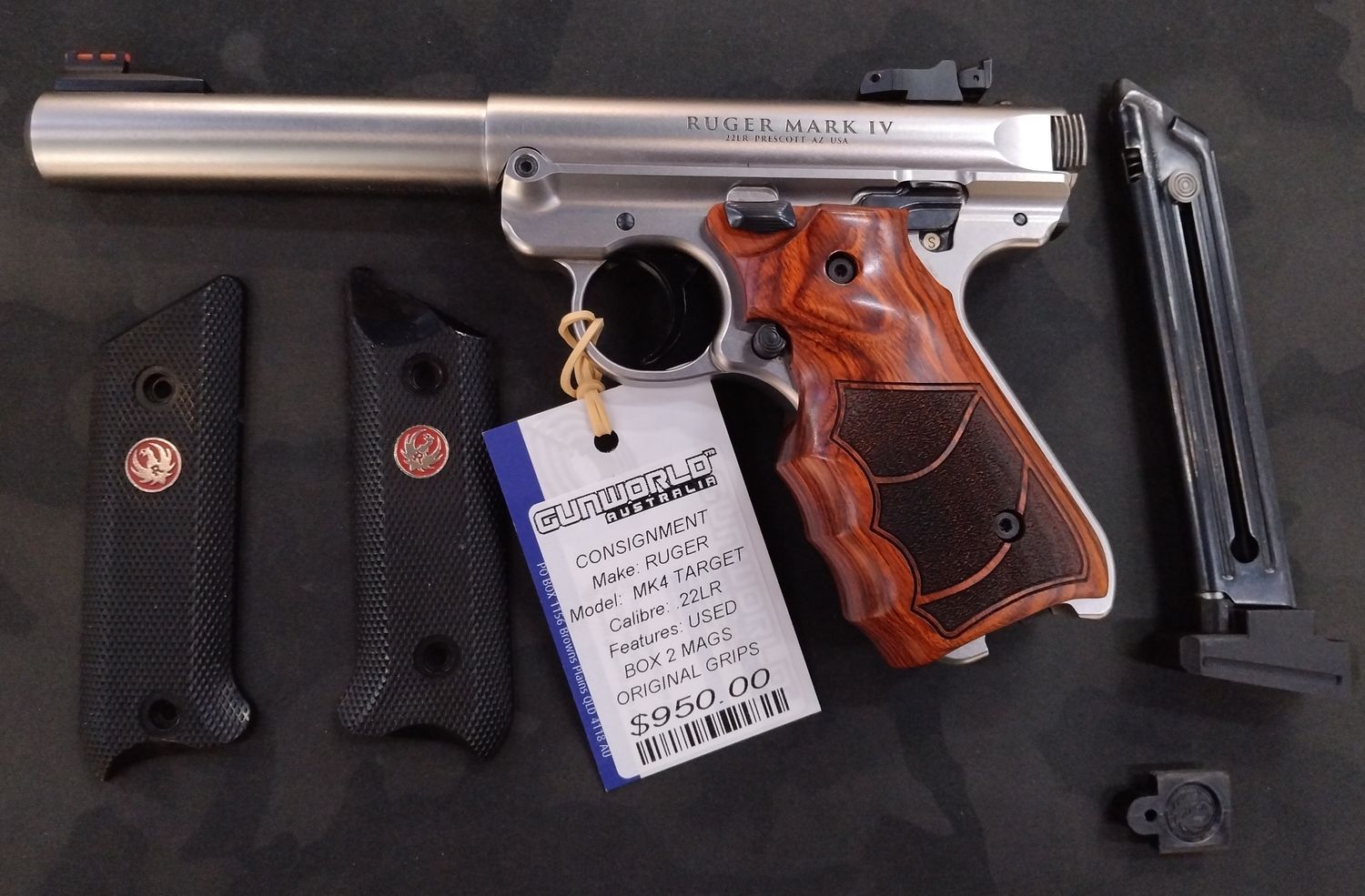 CONSIGNMENT USED RUGER MK4 TARGET 22LR 10SHOT BOXED WITH 2 MAGS 2 GRIPS SN:401028843