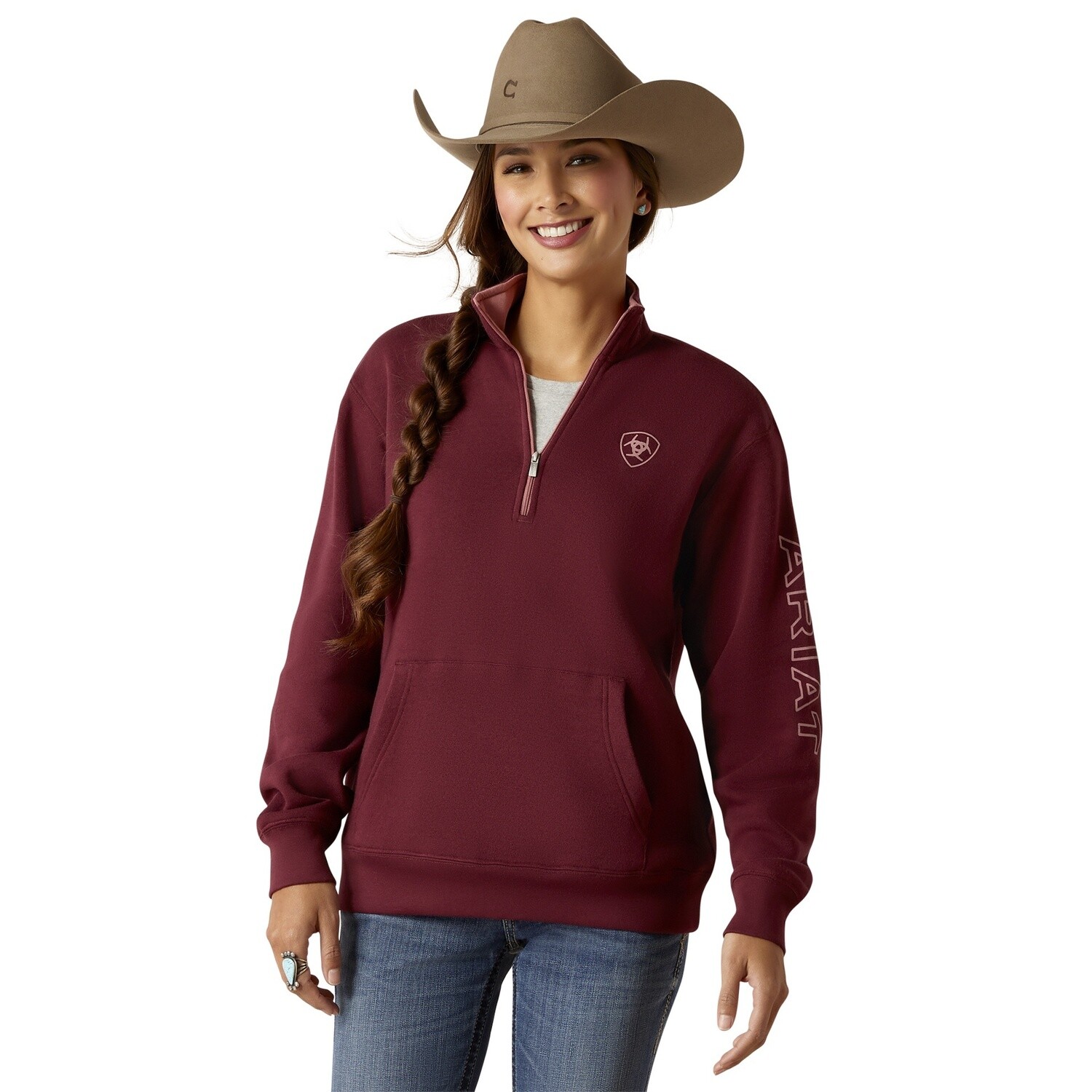 ARIAT WOMENS LOGO 1/2 ZIP SWEATSHIRT TAWNY PORT