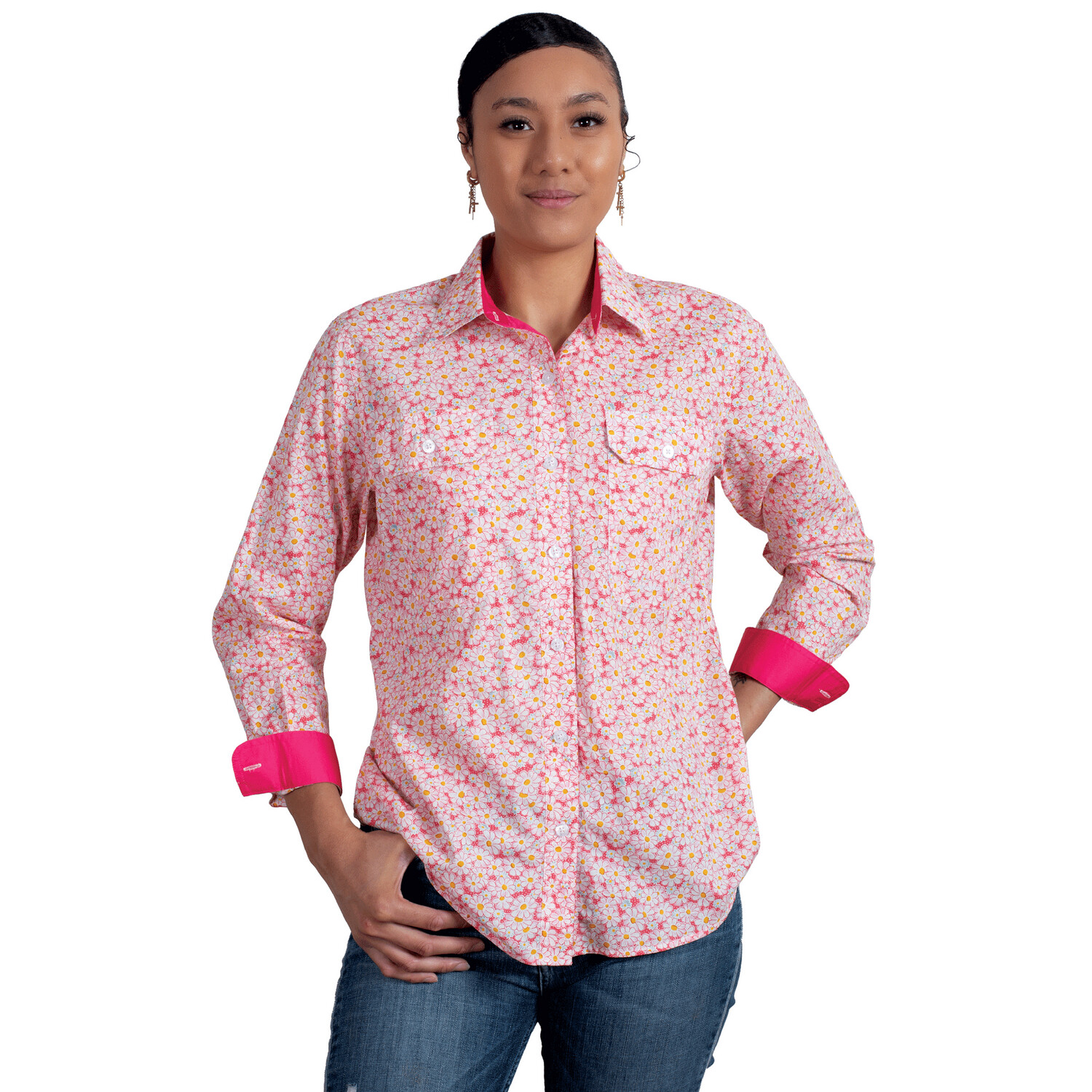 JUST COUNTRY ABBEY FULL BUTTON HOT PINK DAISES WORK SHIRT, Size: 8
