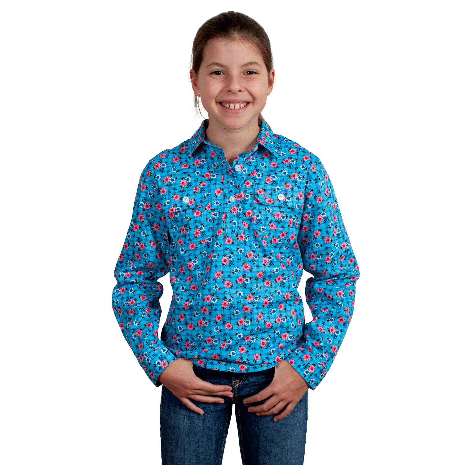 JUST COUNTRY GIRLS HARPER 1/2 BUTTON BLUE LATTICE SHIRT