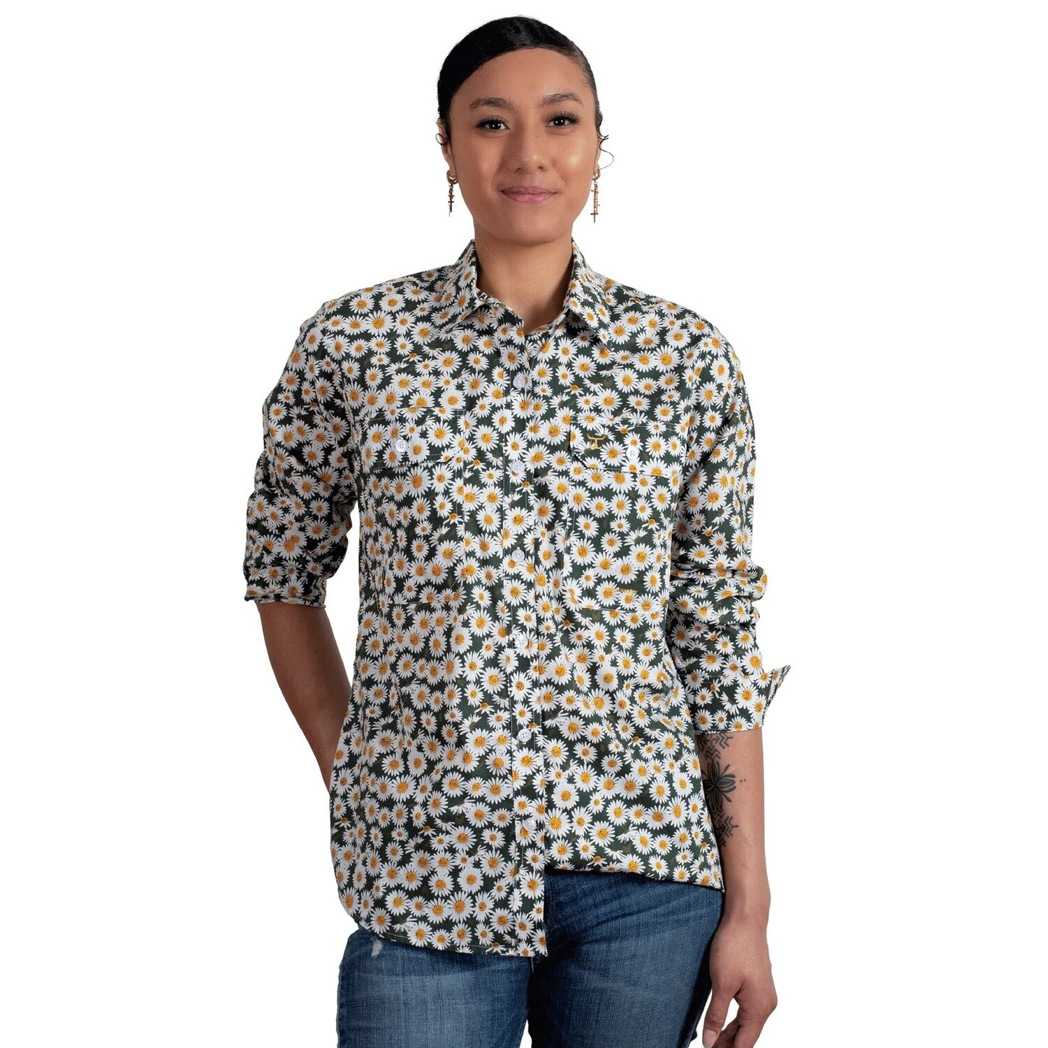 JUST COUNTRY WOMENS ABBEY OLIVE DAISIES WORKSHIRT