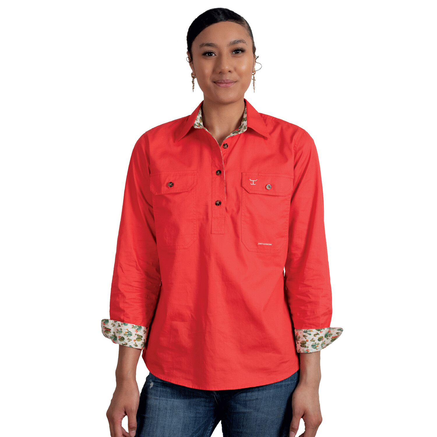 JUST COUNTRY WOMENS JAHNA HOT CORAL/CREAM CACTUS WORKSHIRT