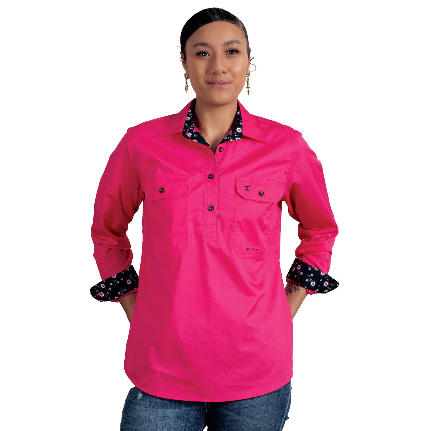 JUST COUNTRY WOMENS JAHNA TRIM HALF BUTTON WORKSHIRT