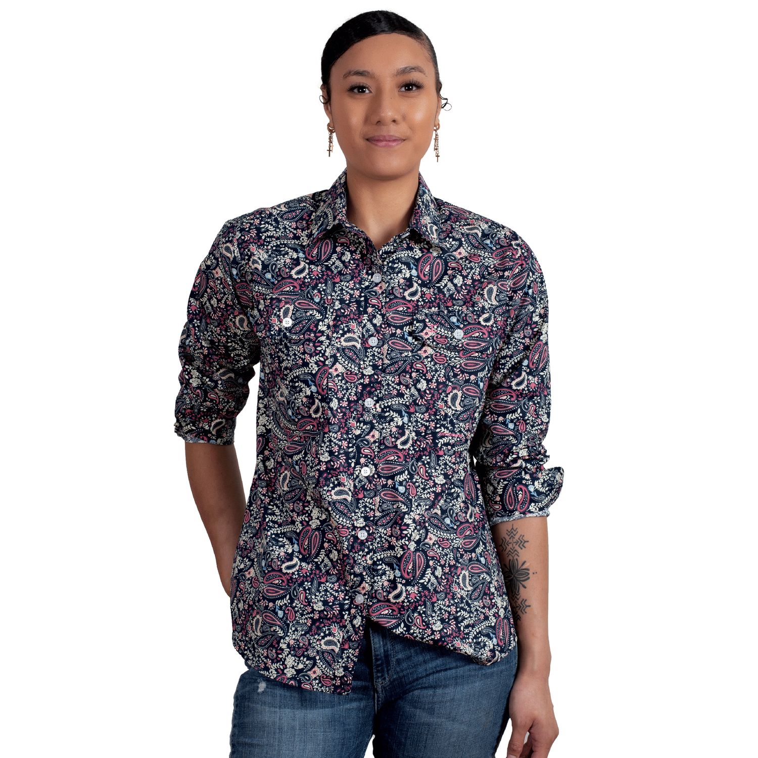 JUST COUNTRY WOMENS ABBEY FULL BUTTON NAVY PAISLEY WORKSHIRT