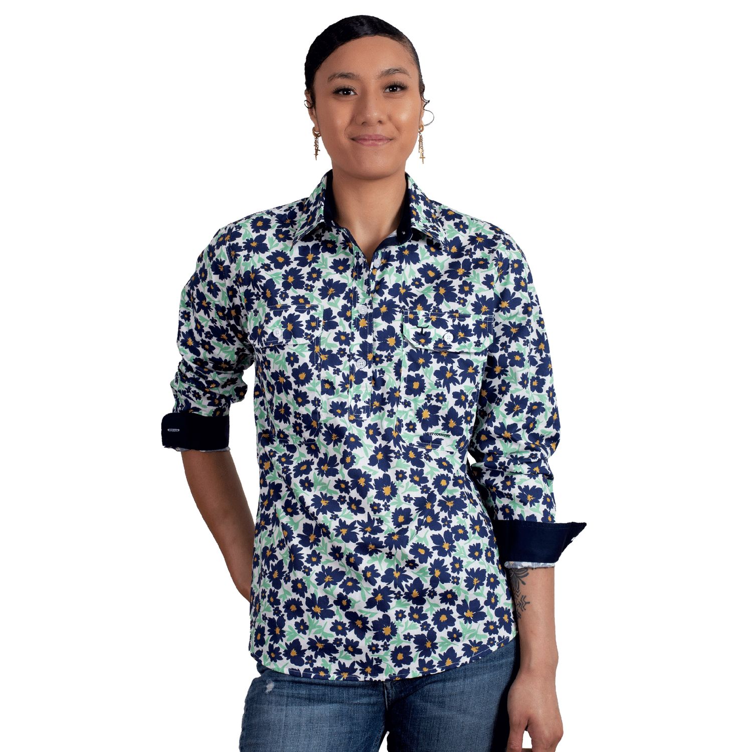 JUST COUNTRY WOMENS GEORGIE HALF BUTTON WHITE COSMOS WORKSHIRT