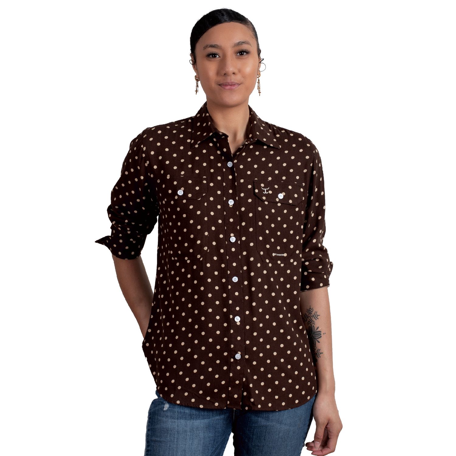 JUST COUNTRY WOMENS FULL BUTTON CHOCOLATE SPOTS WORKSHIRT