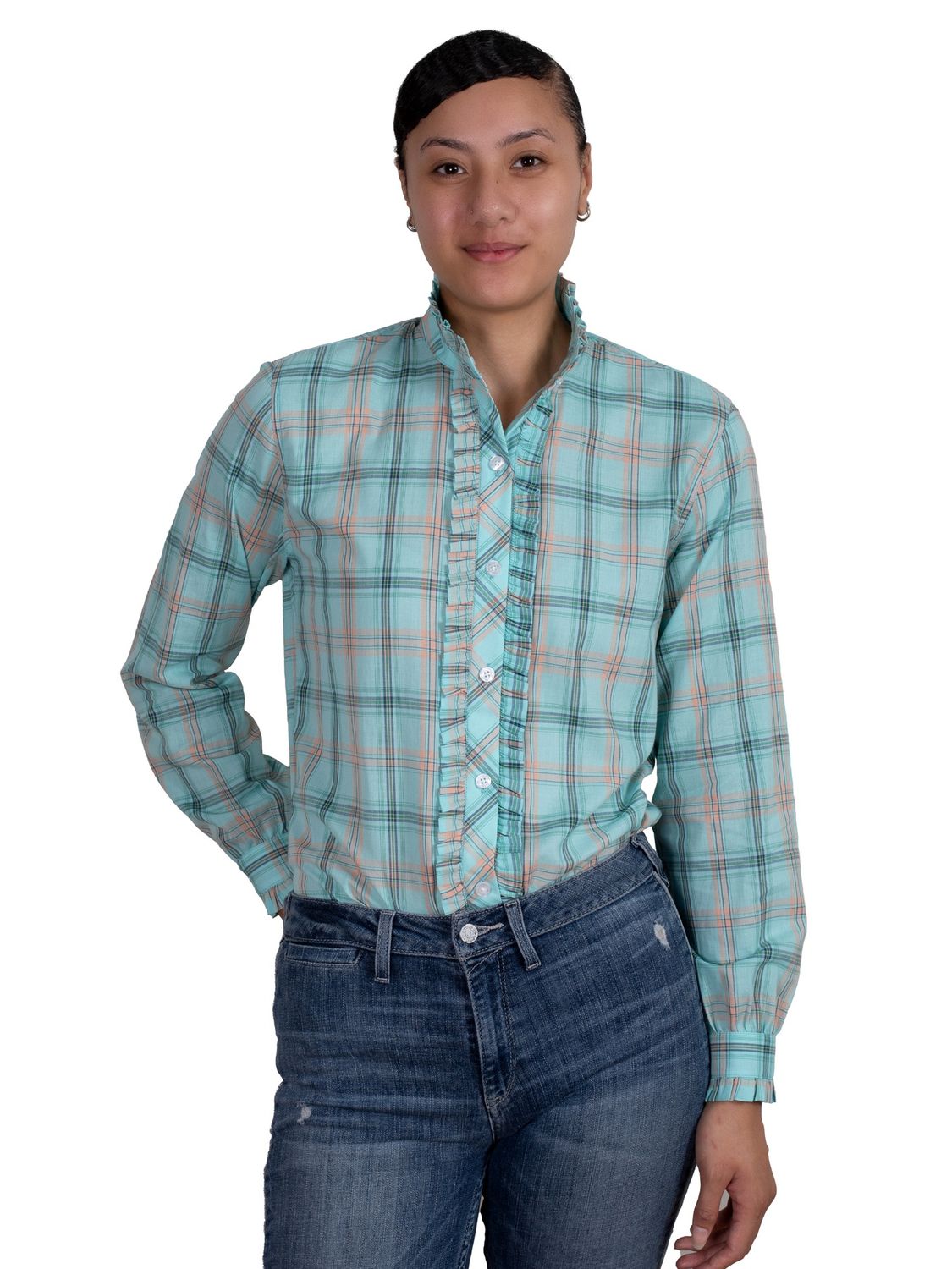 JUST COUNTRY WOMENS ABBEY FRILLS MINT GREEN PLAID SHIRT