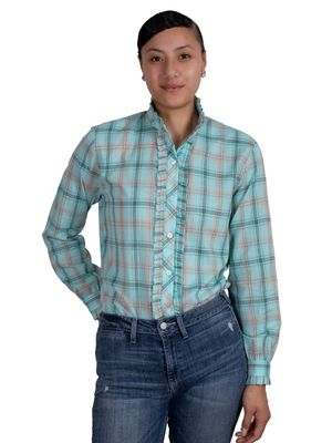 JUST COUNTRY WOMENS ABBEY FRILLS MINT GREEN PLAID SHIRT