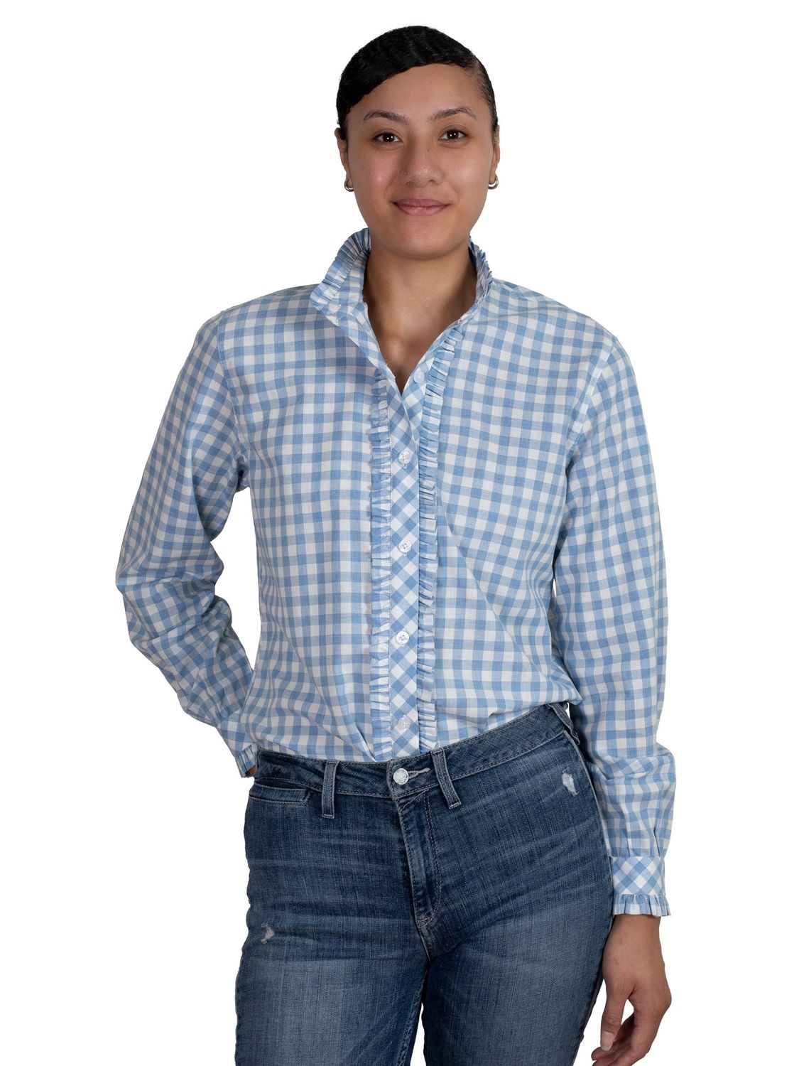 JUST COUNTRY WOMENS ABBEY FRILLS BLUE CHECK WORK SHIRT
