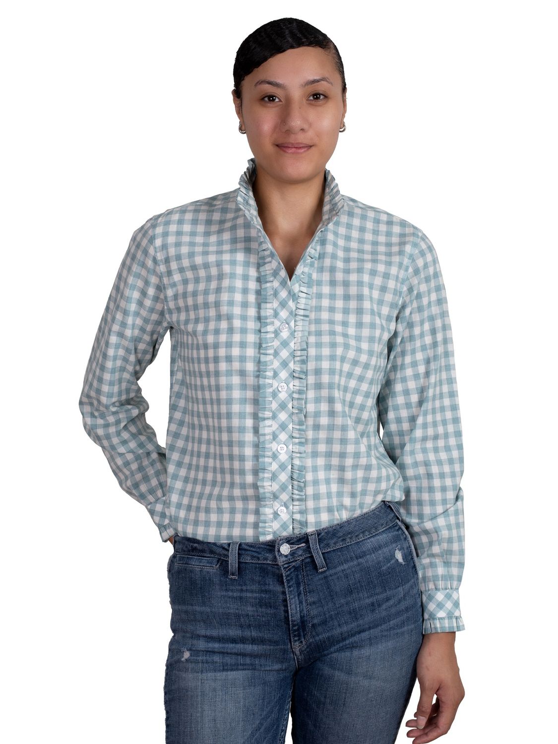 JUST COUNTRY WOMENS ABBEY FRILLS DUSTY TURQUOISE CHECK SHIRT