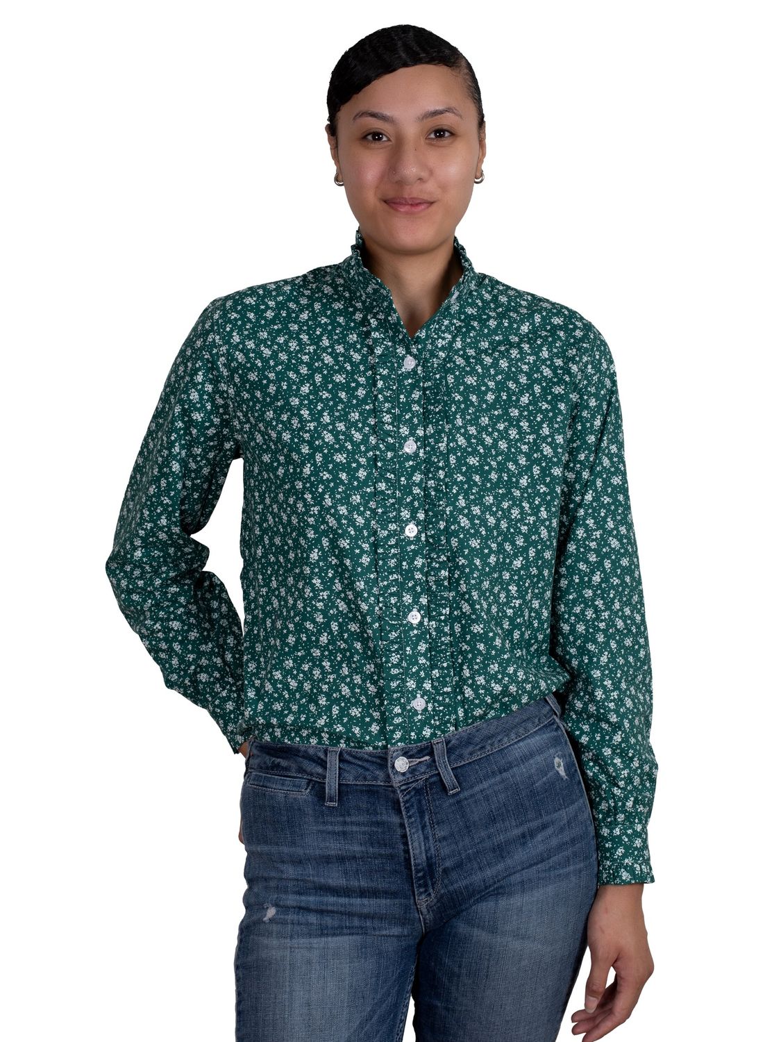 JUST COUNTRY WOMENS ABBEY FRILLS FOREST GREEN BOUQUET WORK SHIRT