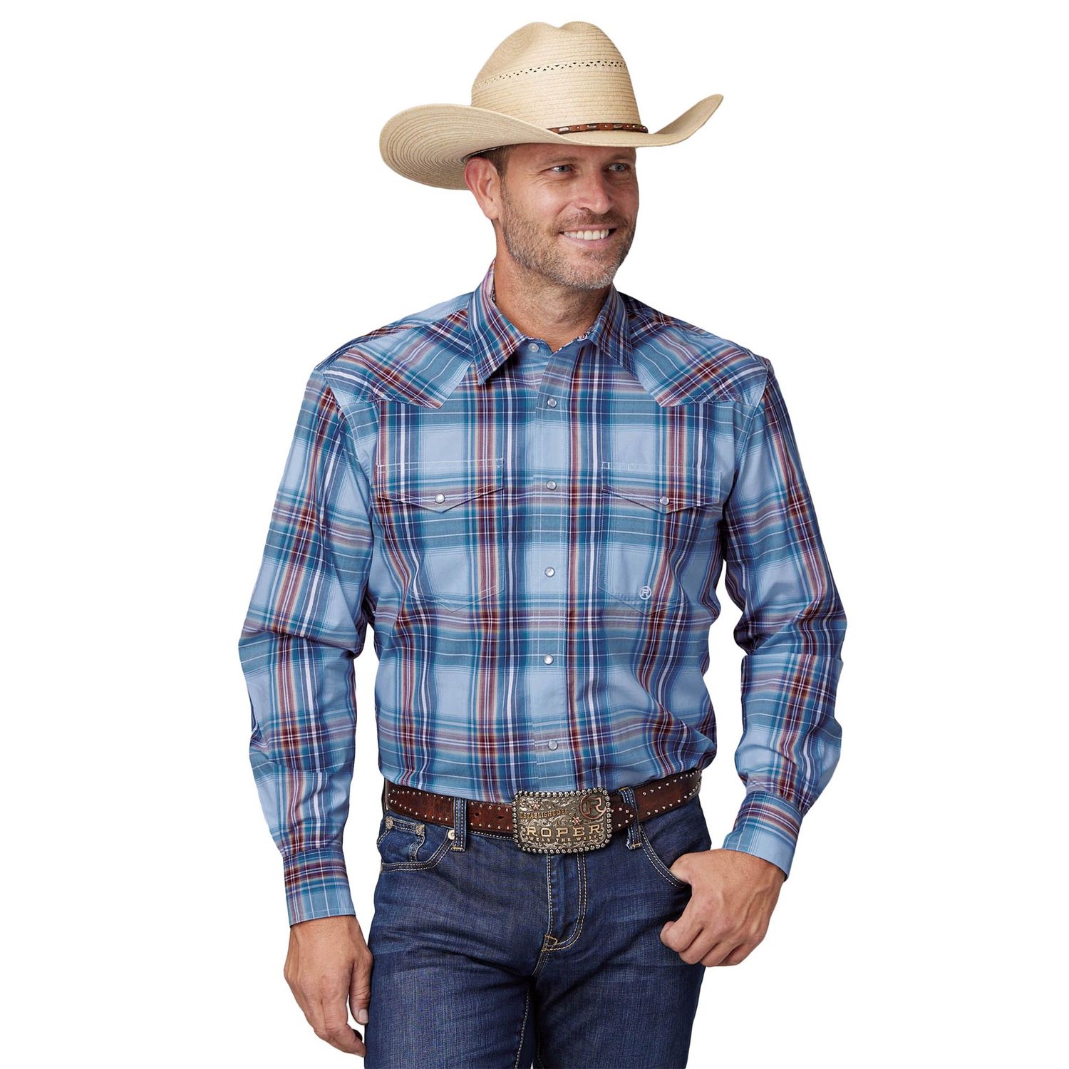 ROPER MENS AMARILLO COLLECTION PLAID BLUE SHIRT