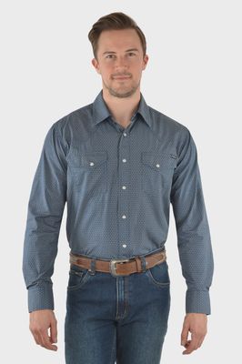 MENS HENRY PRINT WESTERN L/S SHIRT NAVY