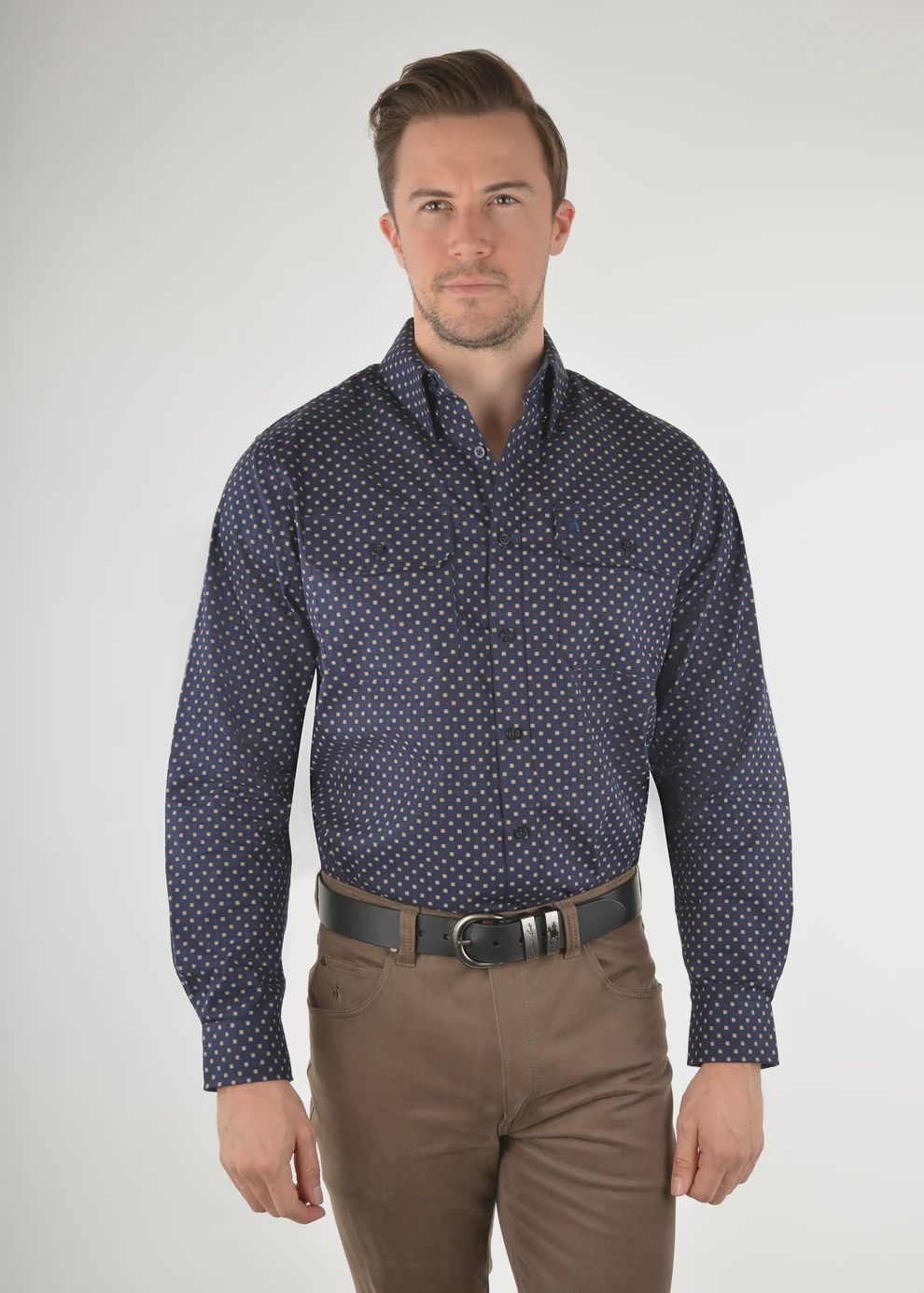MENS ROYCROFT CHECK L/S SHIRT NAVY/BROWN