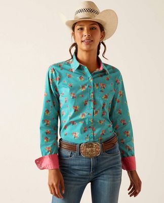 ARIAT WOMENS WRINKLE RESISTANT KIRBY ESMERELDA PRINT SHIRT
