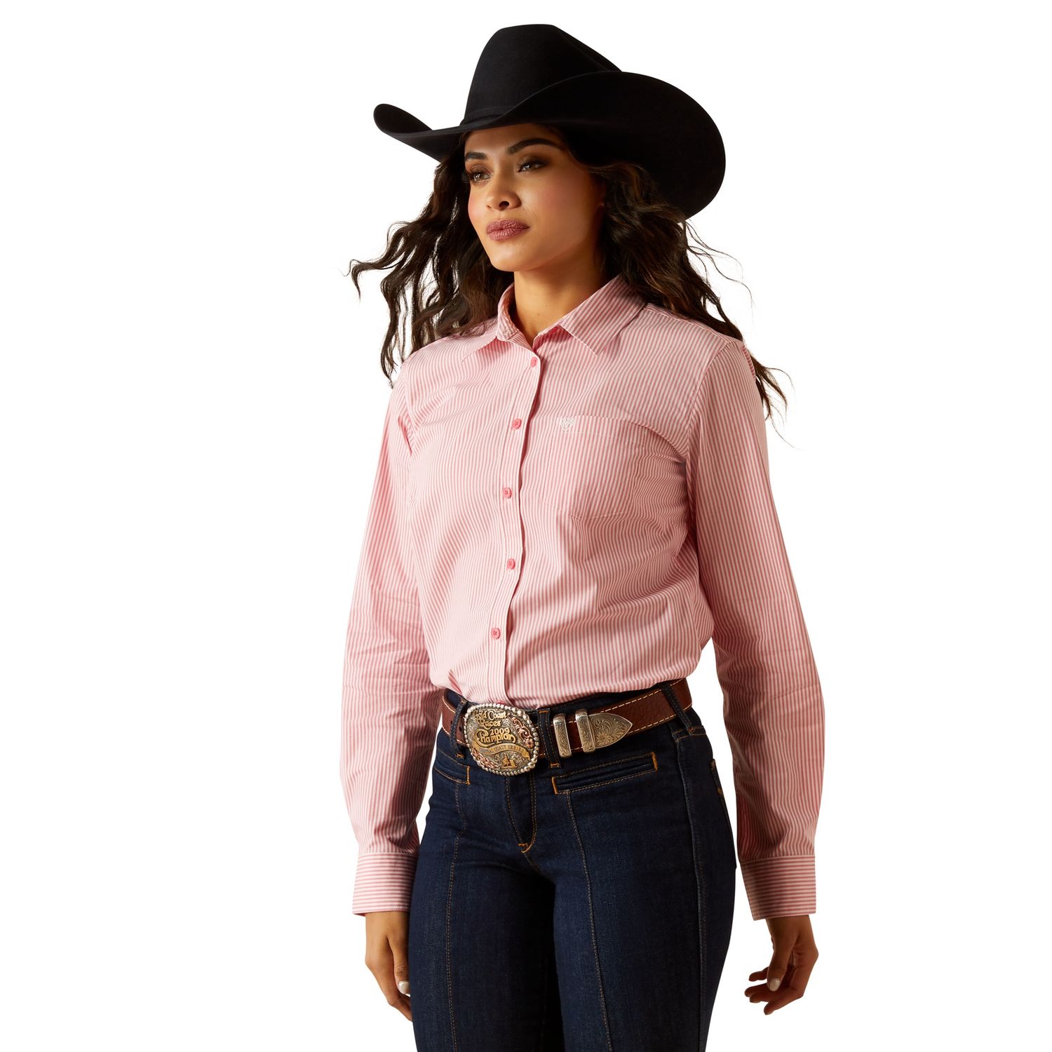 ARIAT WOMENS WRINKLE RESISTANT KIRBY SHIRT CAMELIA ROSE STRIPE