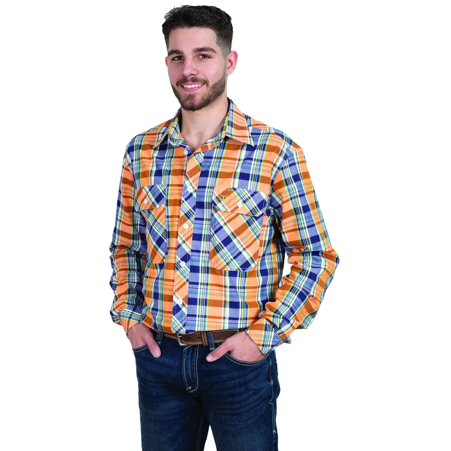 JUST COUNTRY MENS AUSTIN WORKSHIRT ORANGE/NAVY
