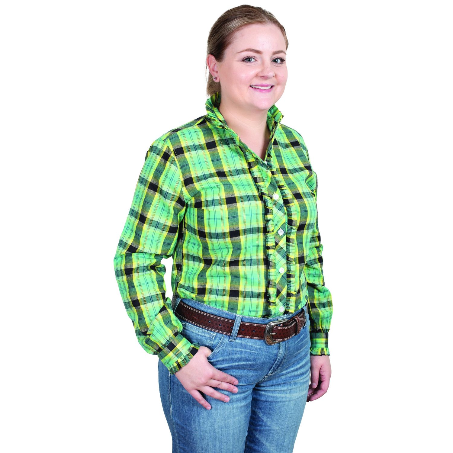 JUST COUNTRY WOMENS ABBEY FRILLS L/S SHIRT SPEARMINT/BLACK LUREX