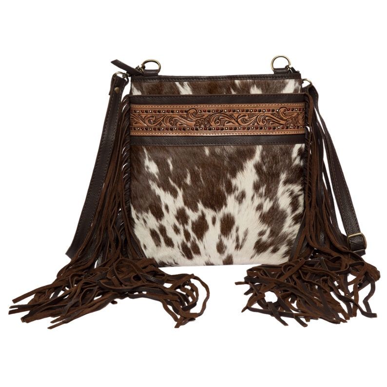 HAND PAINTED TOOLING LEATHER MEDIUM SLING BAG WITH FRINGES