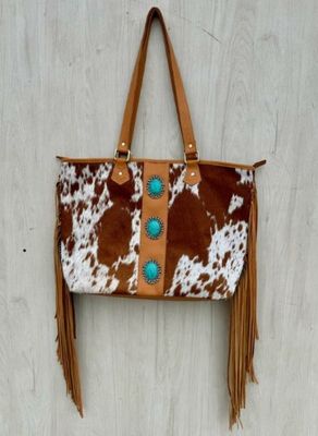 BIG COWHIDE BAG WITH TURQUOISE STONE WORK AND FRINGES