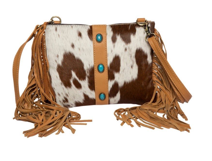 COWHIDE CLUTCH BAG WITH TURQUOISE STONEWORK AND FRINGE