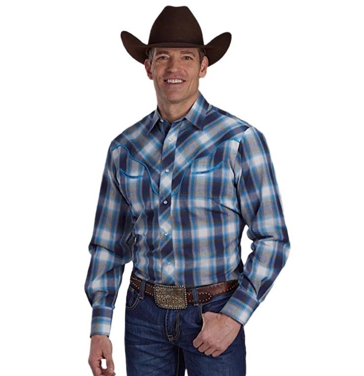 ROPER MENS KARMAN SPECIAL STYLE COLLECTION LS SHIRT PLAID BLUE.