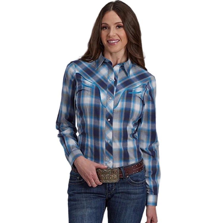 ROPER WOMENS KARMAN SPECIAL STYLE COLLECTION LS SHIRT PLAID BLUE.