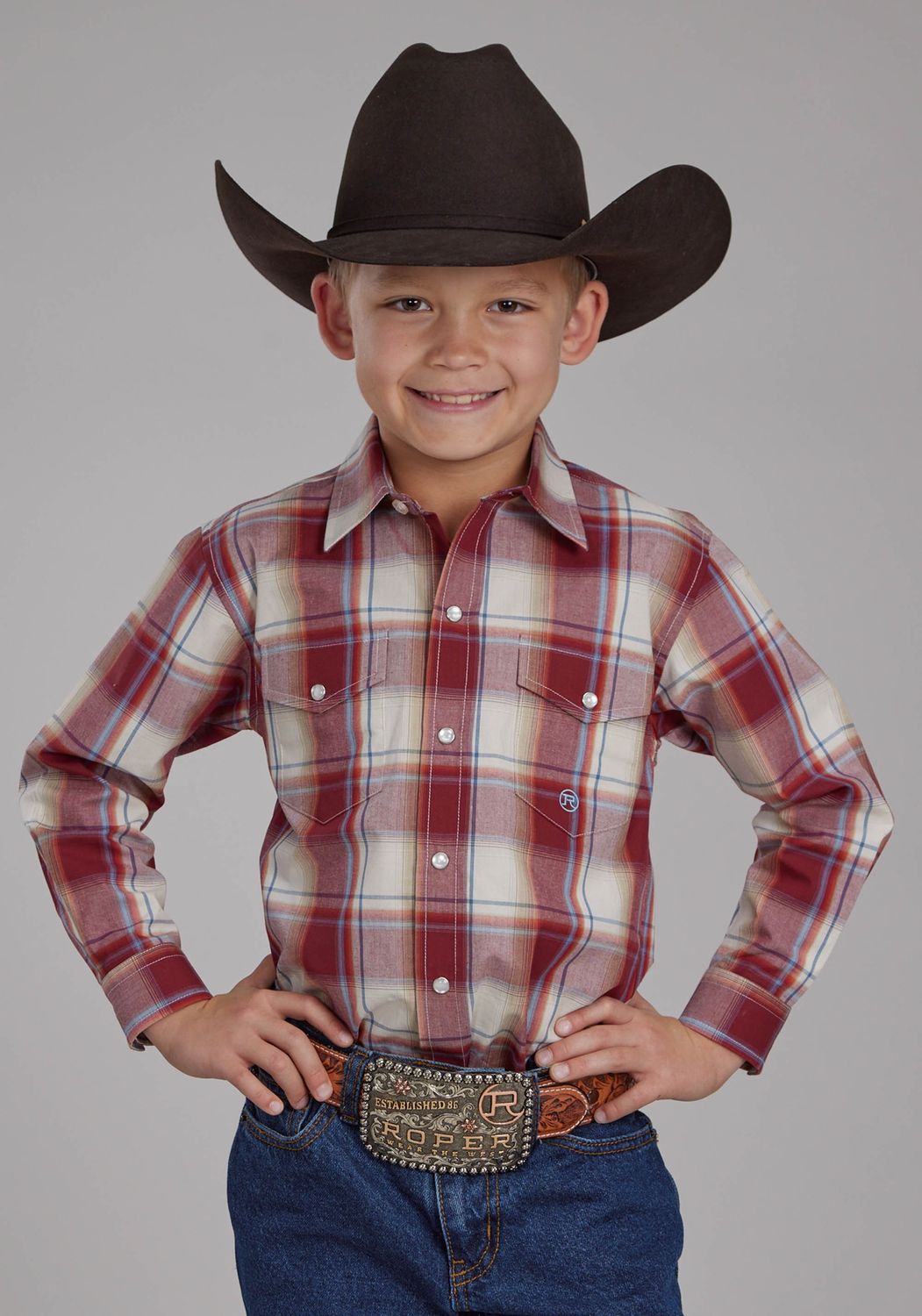 ROPER BOYS AMARILLO COLLECTION LS SHIRT PLAID RED.