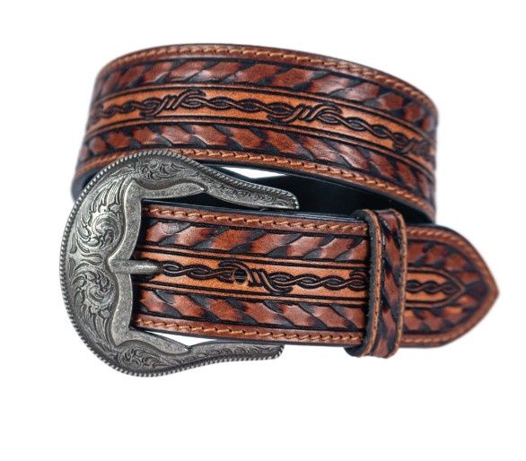 MENS WESTERN LEATHER BARB WIRE LACED BELT, Size: 22